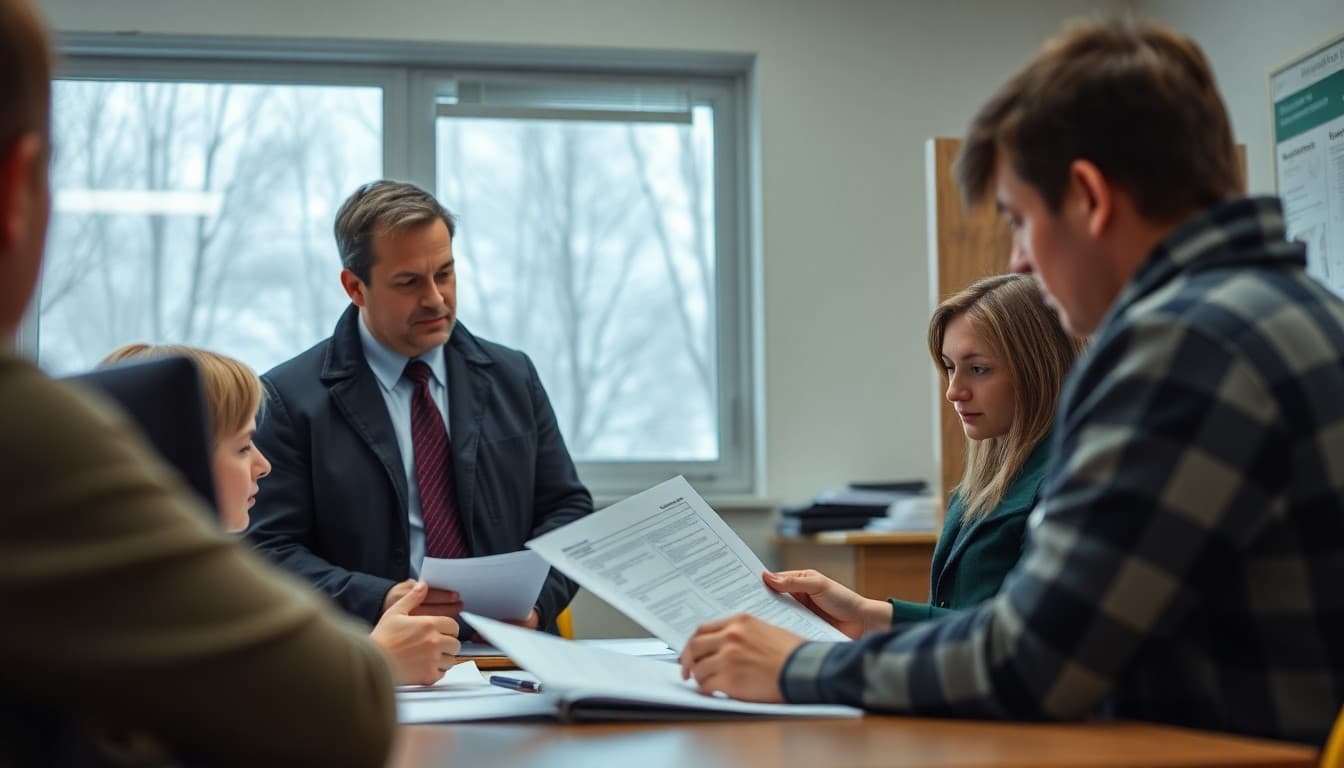 Minnesota school principal reviewing blizzard preparedness and safety communication plans at a school office