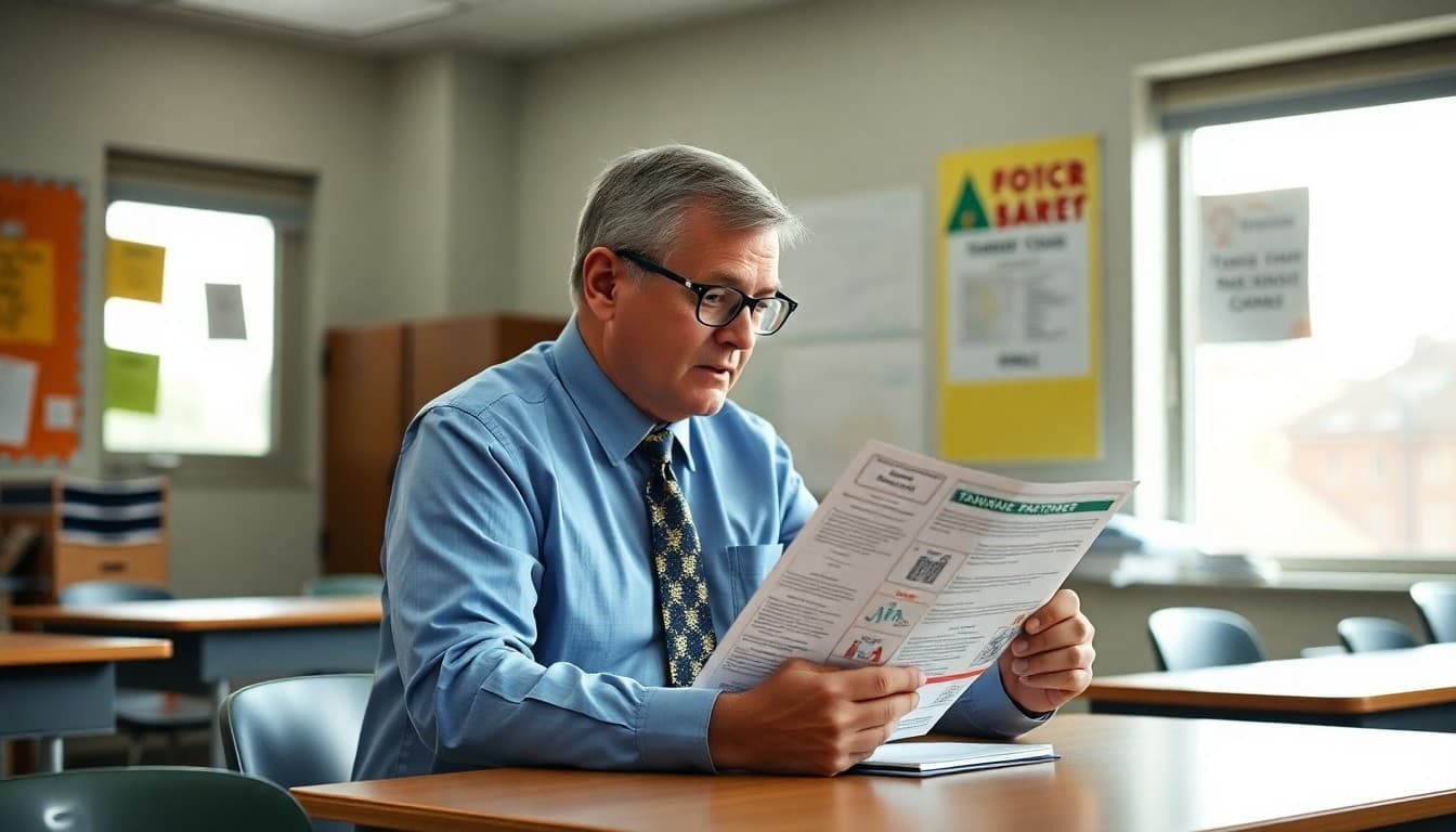Missouri school principal reviewing tornado season safety protocols and family communication materials at a school desk