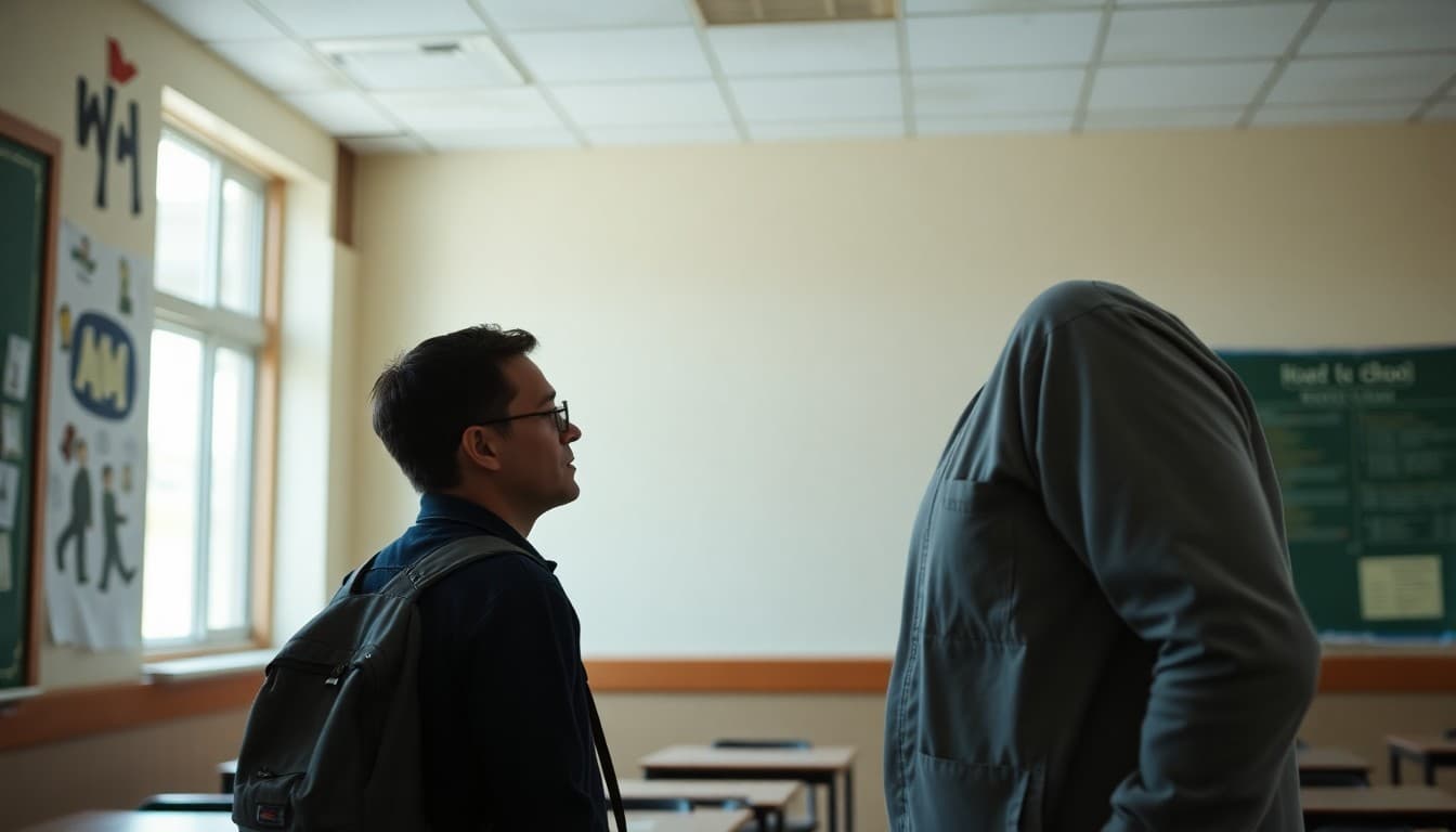 Environmental inspector examining a classroom wall for mold in a school building
