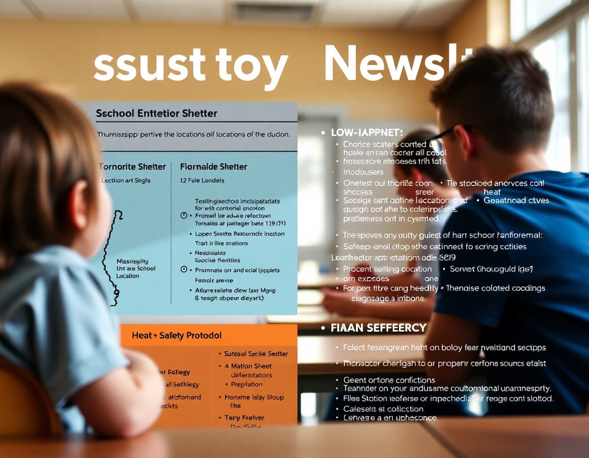 School safety newsletter template showing Mississippi tornado shelter locations and heat safety protocol sections