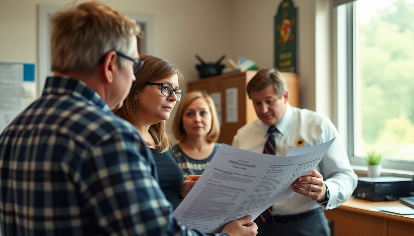 Mississippi school principal reviewing tornado drill and family safety communication plans at a school office