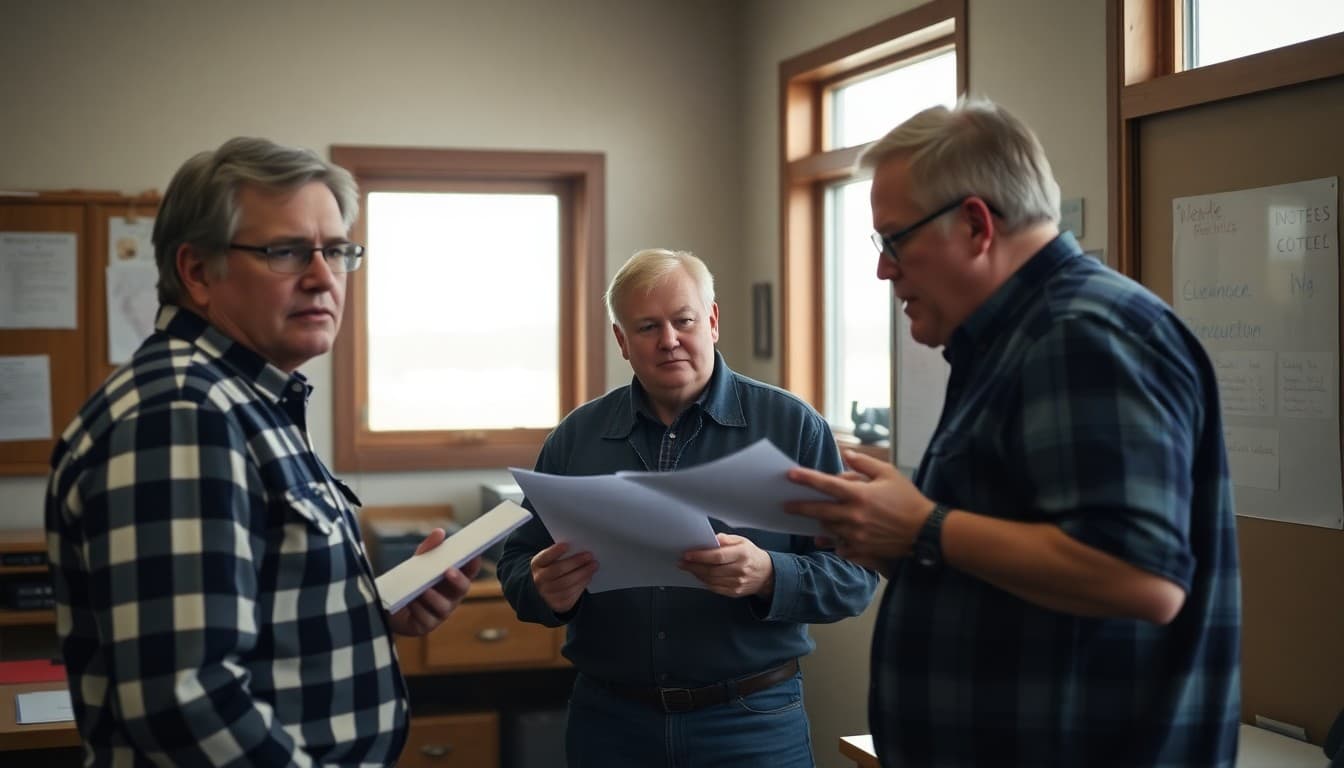 Montana school principal reviewing wildfire evacuation and safety communication plans at a rural school office