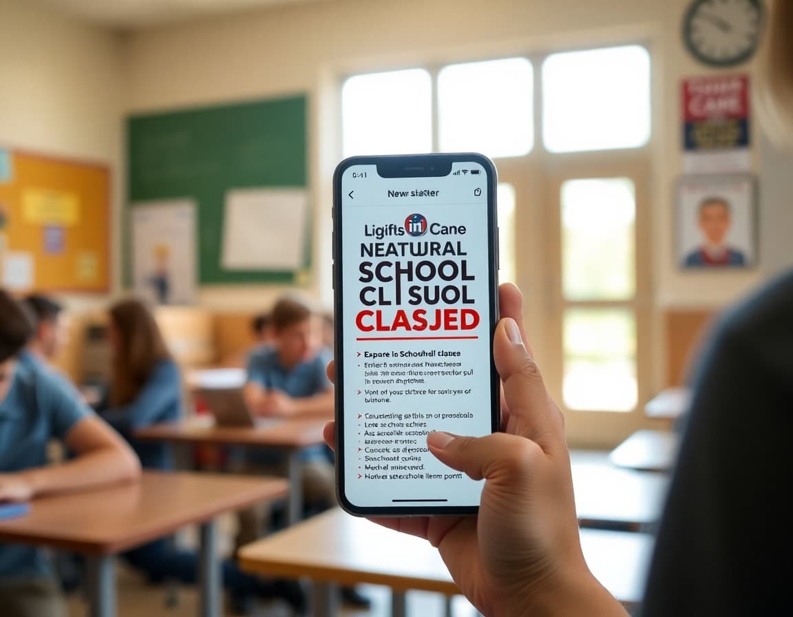 Natural disaster school closure newsletter template shown on a mobile phone