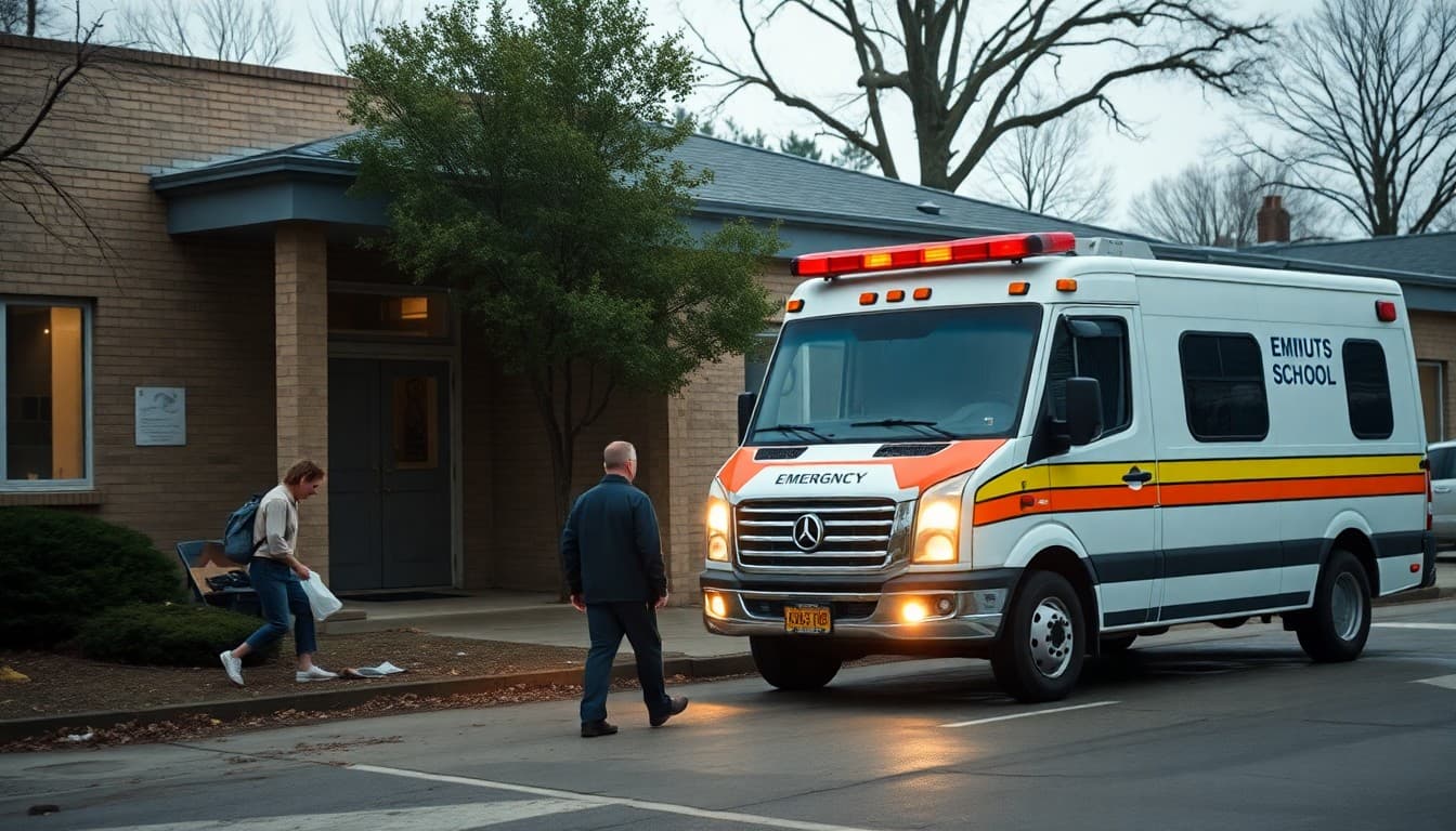 Emergency management vehicle near a school building following a natural disaster
