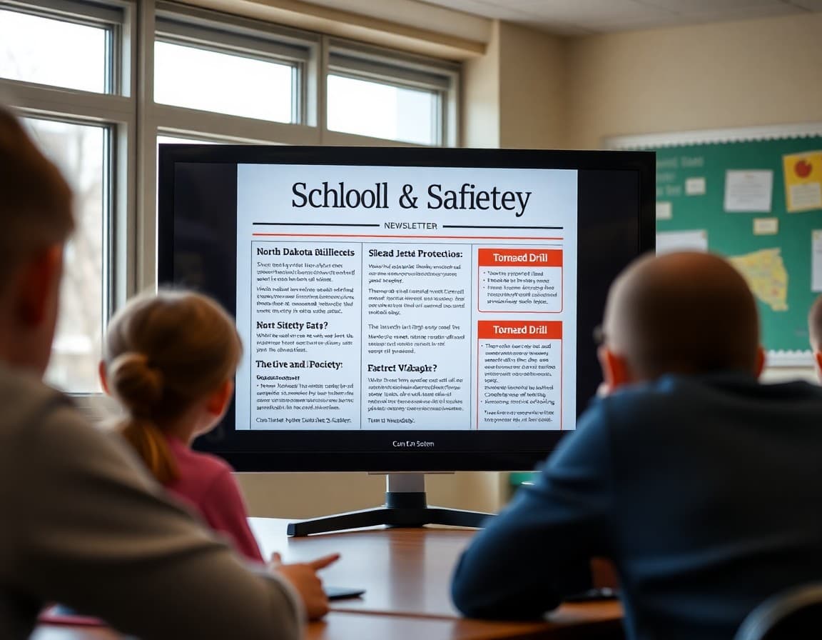 School safety newsletter template on a screen showing North Dakota blizzard protocols and tornado drill sections