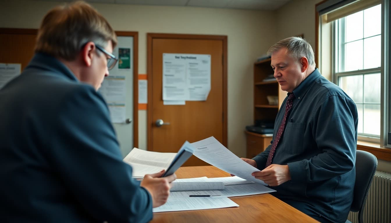 North Dakota school principal reviewing blizzard preparedness and safety communication plans at a rural school office