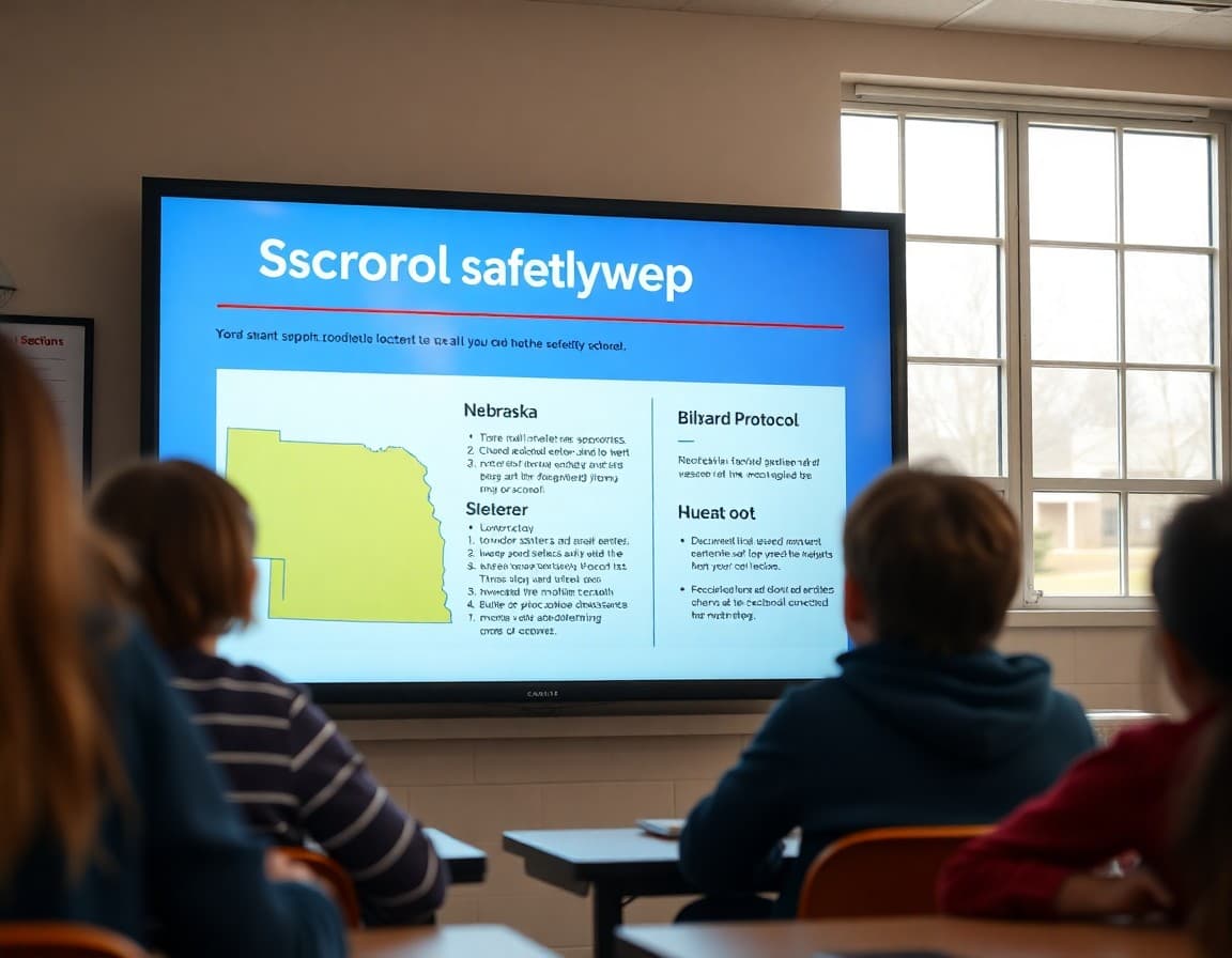 School safety newsletter template showing Nebraska tornado shelter locations and blizzard protocol sections on a screen