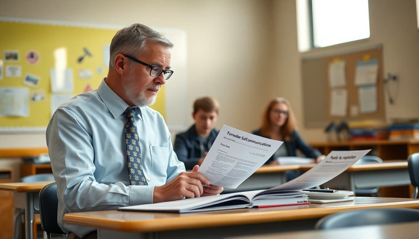 Nebraska school principal reviewing tornado season safety communications and drill materials at a school desk