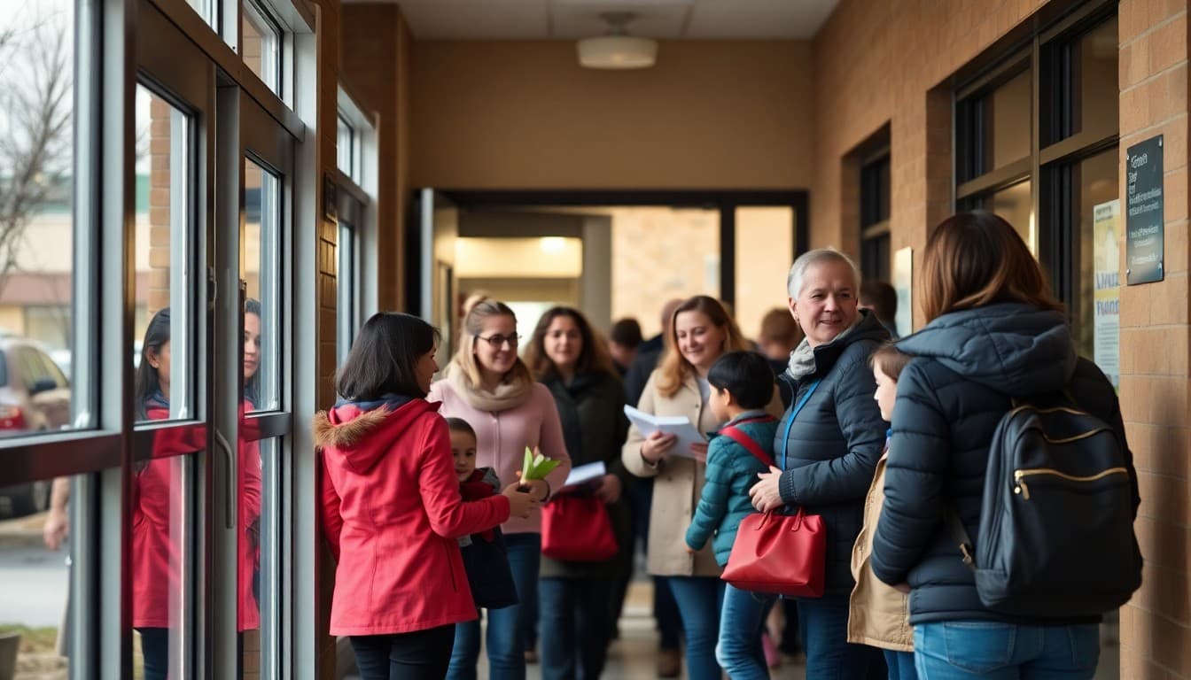 School entrance with staff greeting families during a busy November event