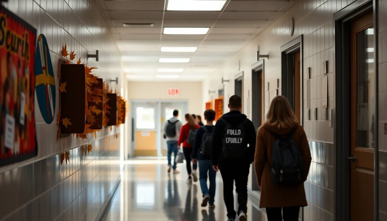 School hallway with autumn decorations and a visible security sign in October