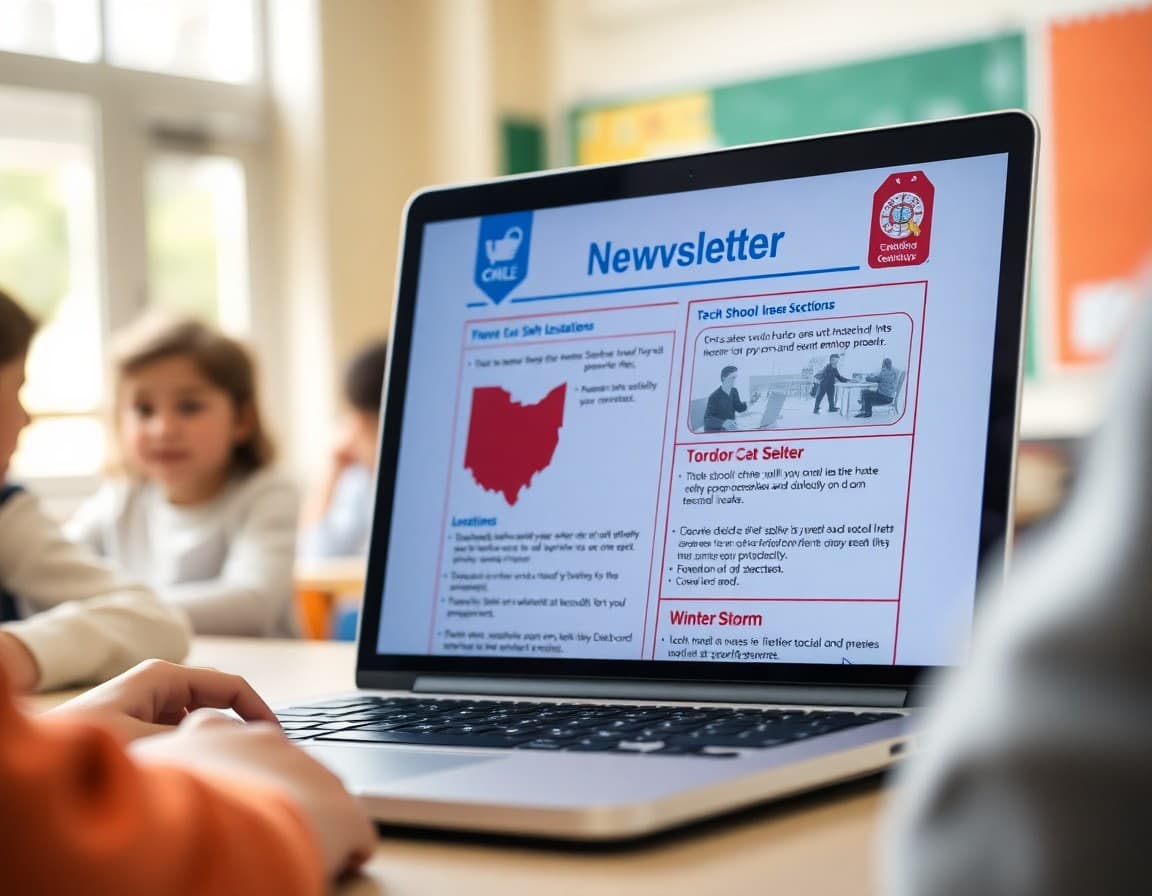 School safety newsletter template on a laptop showing Ohio tornado shelter locations and winter storm emergency sections