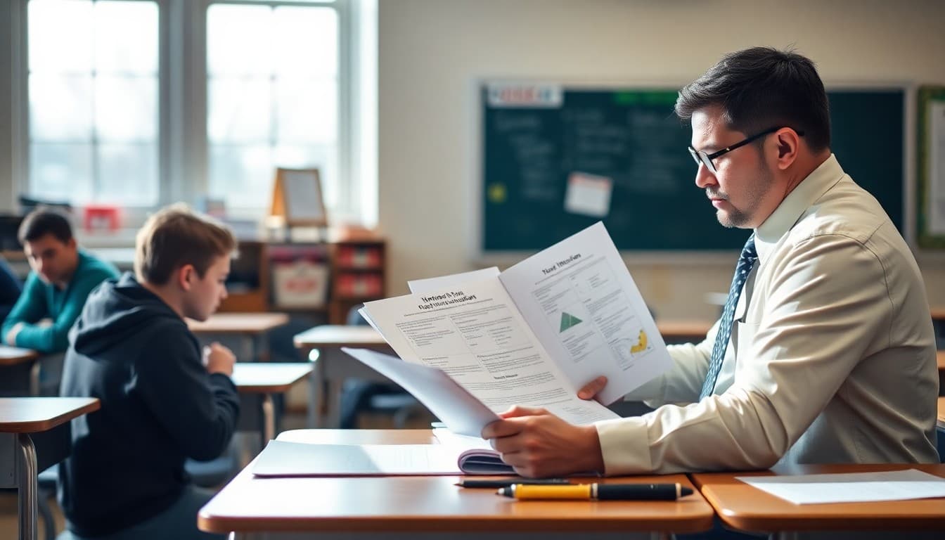 Ohio school principal reviewing tornado drill and winter weather safety communication plans at a school desk