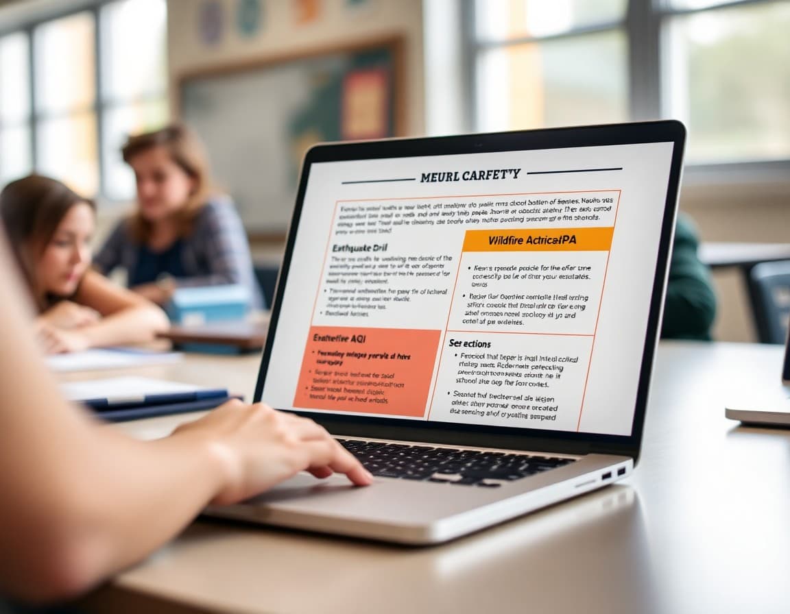 School safety newsletter template on a laptop showing Oregon earthquake drill procedures and wildfire AQI sections