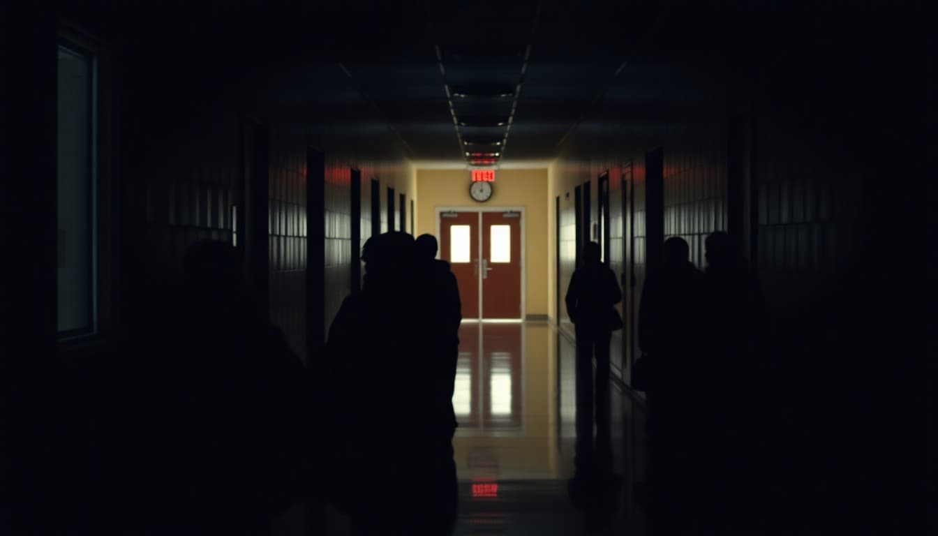 Dark school hallway lit only by emergency lighting during a power outage