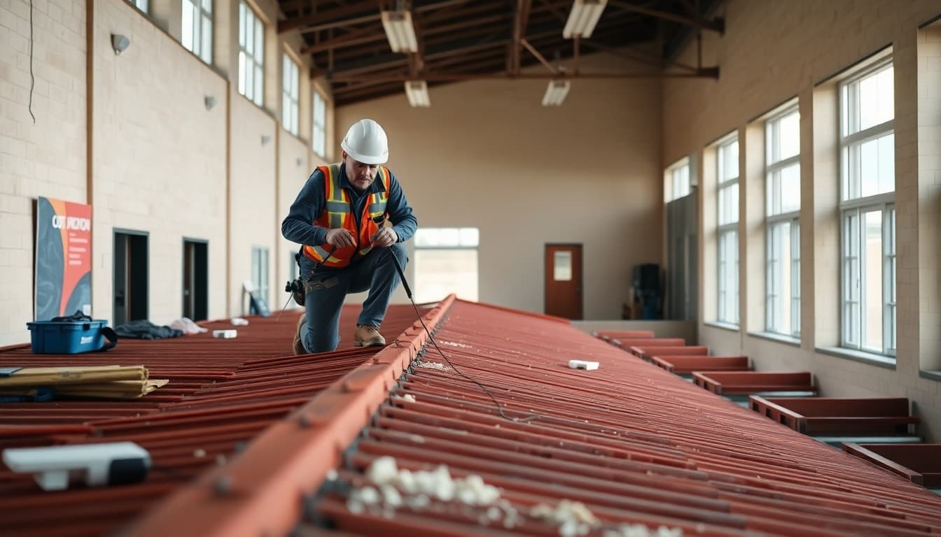 Contractor on a school roof making repairs after storm damage