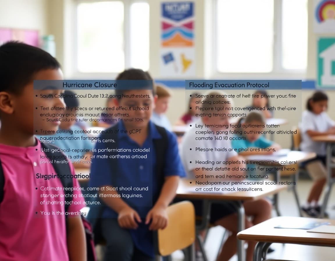 School safety newsletter template showing South Carolina hurricane closure and flooding evacuation protocol sections