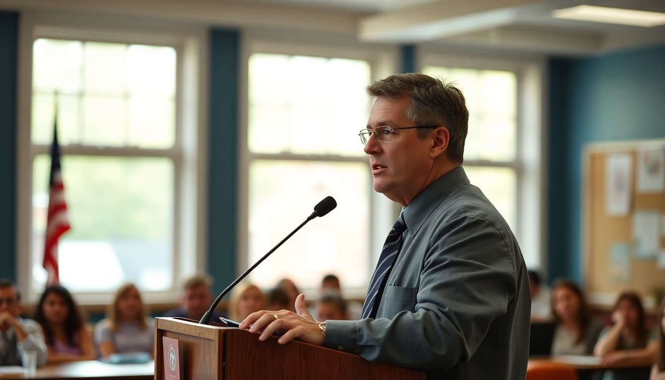 School principal at a podium addressing families during a contentious school board meeting