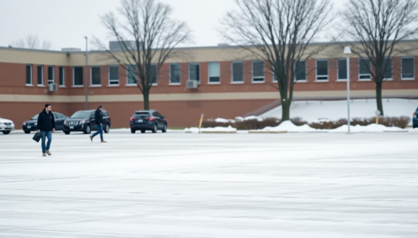 Empty school parking lot covered in snow during a weather-related school closure