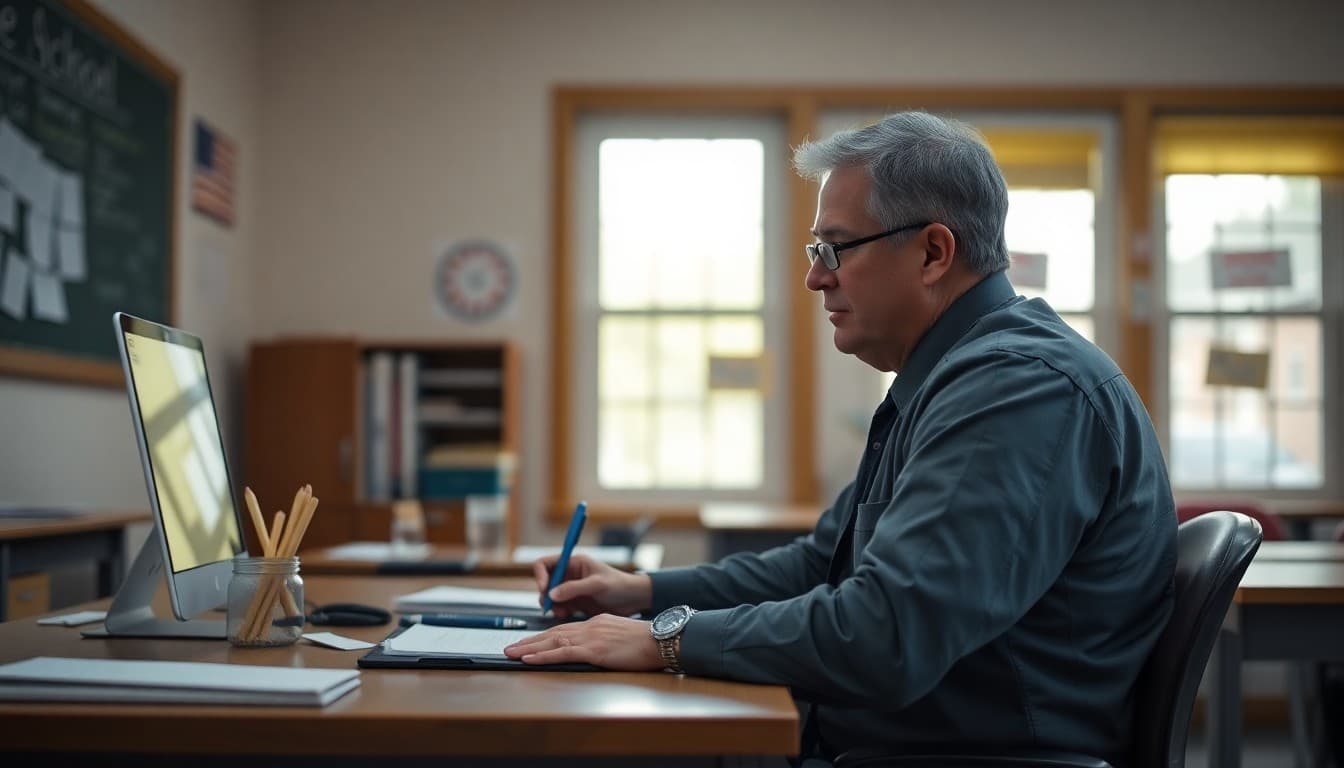 School principal at a desk writing a parent communication after a lockdown drill