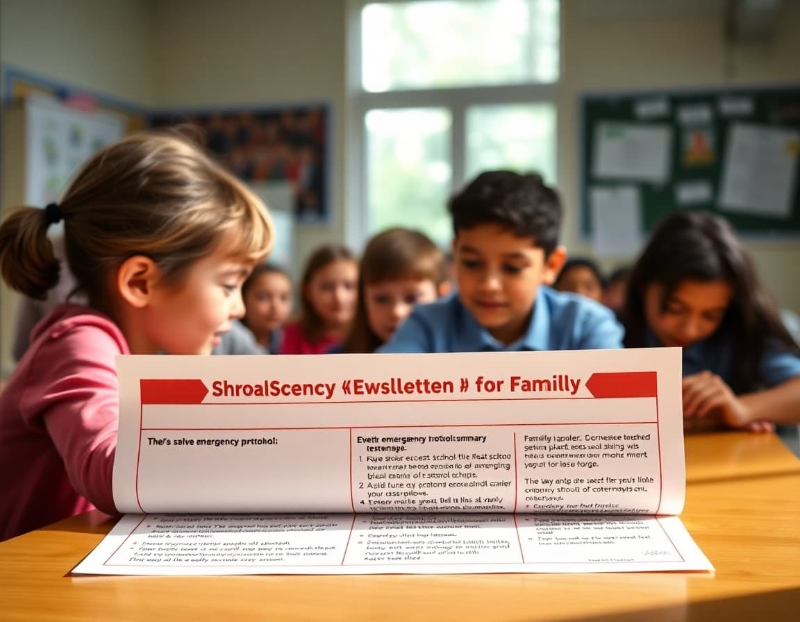 School safety newsletter template showing emergency protocol summary for families