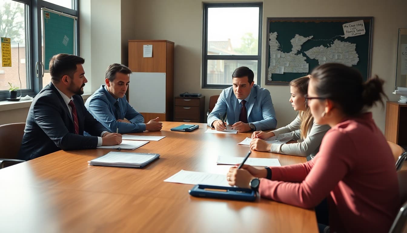 School safety committee reviewing security protocols at a conference table meeting