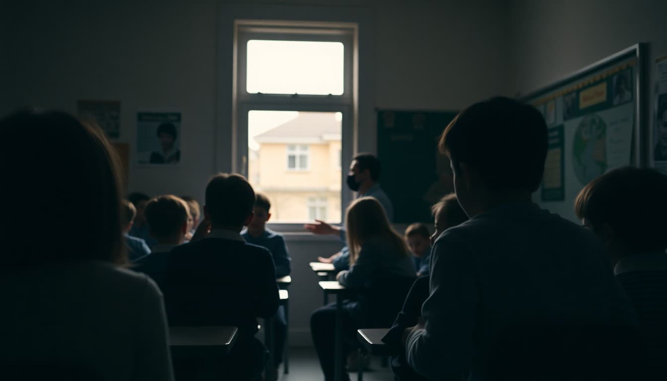 Students and teacher participating in a school lockdown drill in a darkened classroom