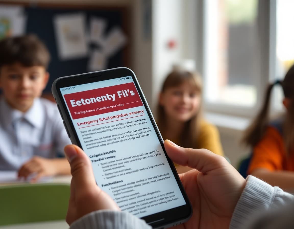 School safety plan newsletter open on a parent's phone with emergency procedure summary
