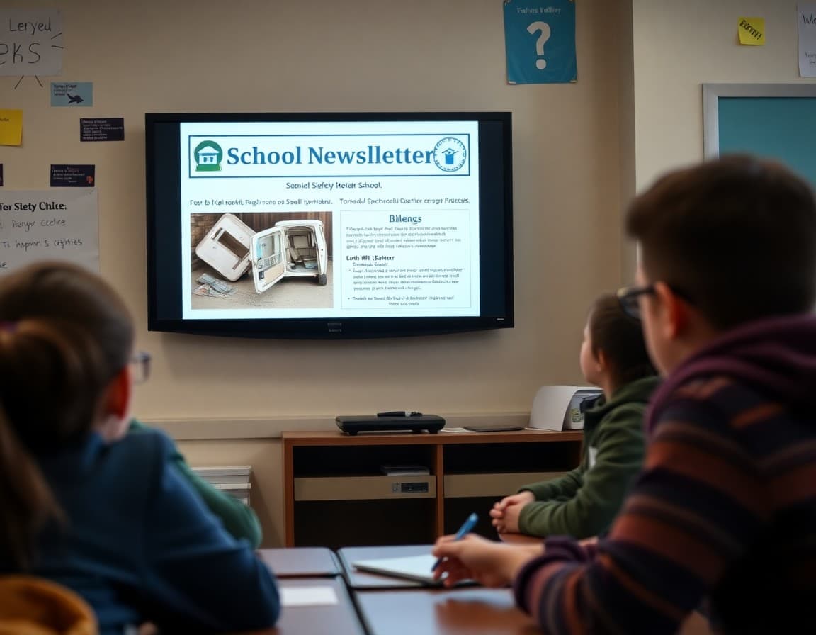 School safety newsletter template on a screen showing South Dakota blizzard protocols and tornado shelter sections