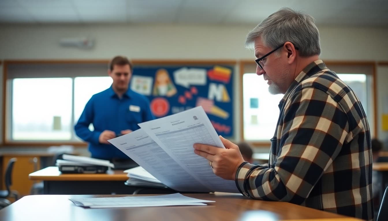 South Dakota school principal reviewing blizzard and tornado safety communication plans at a rural school desk