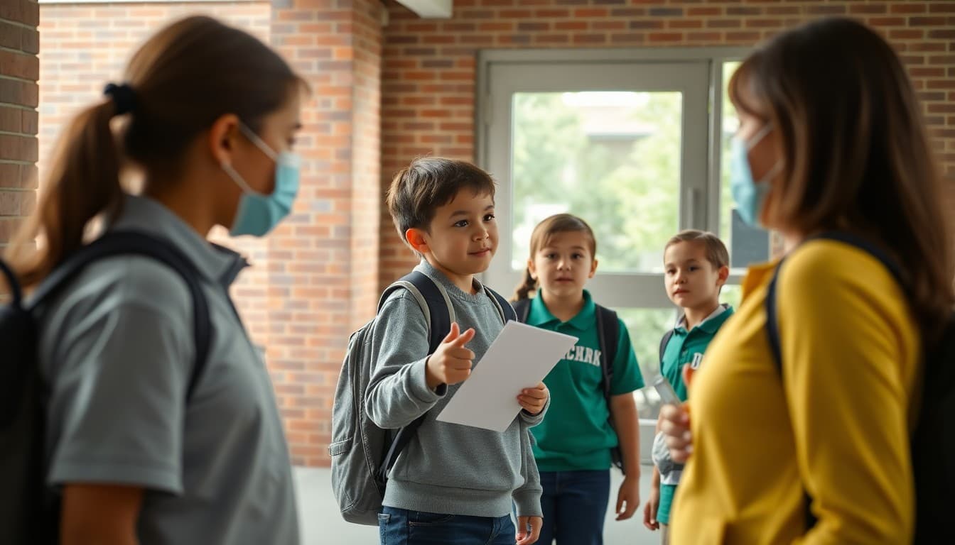 Students and staff practicing a safety drill outside a school in September