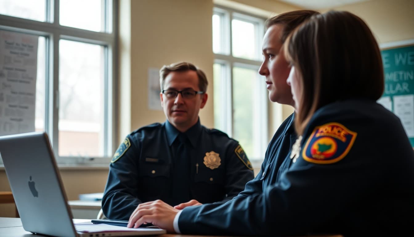 School safety coordinator meeting with police liaison about community safety notification requirements