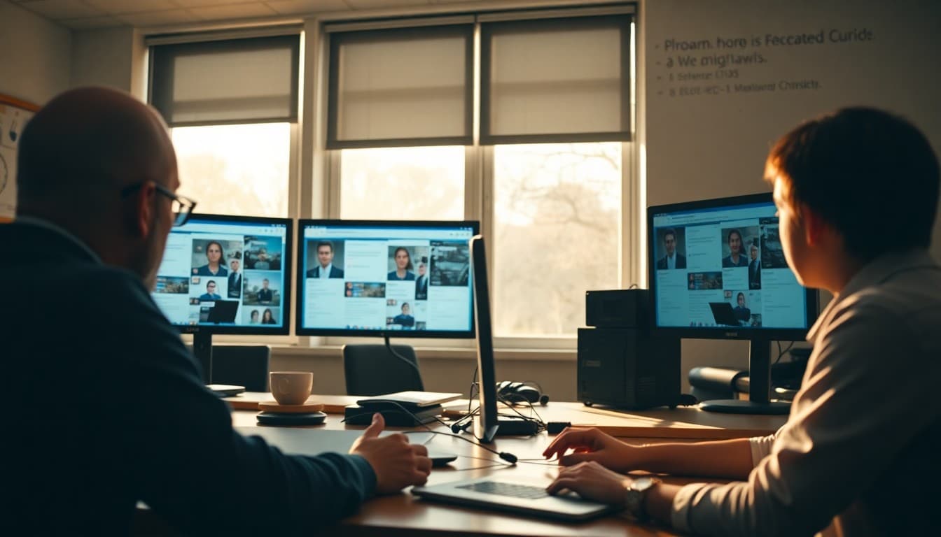 School communications team monitoring social media feeds on multiple screens during a crisis