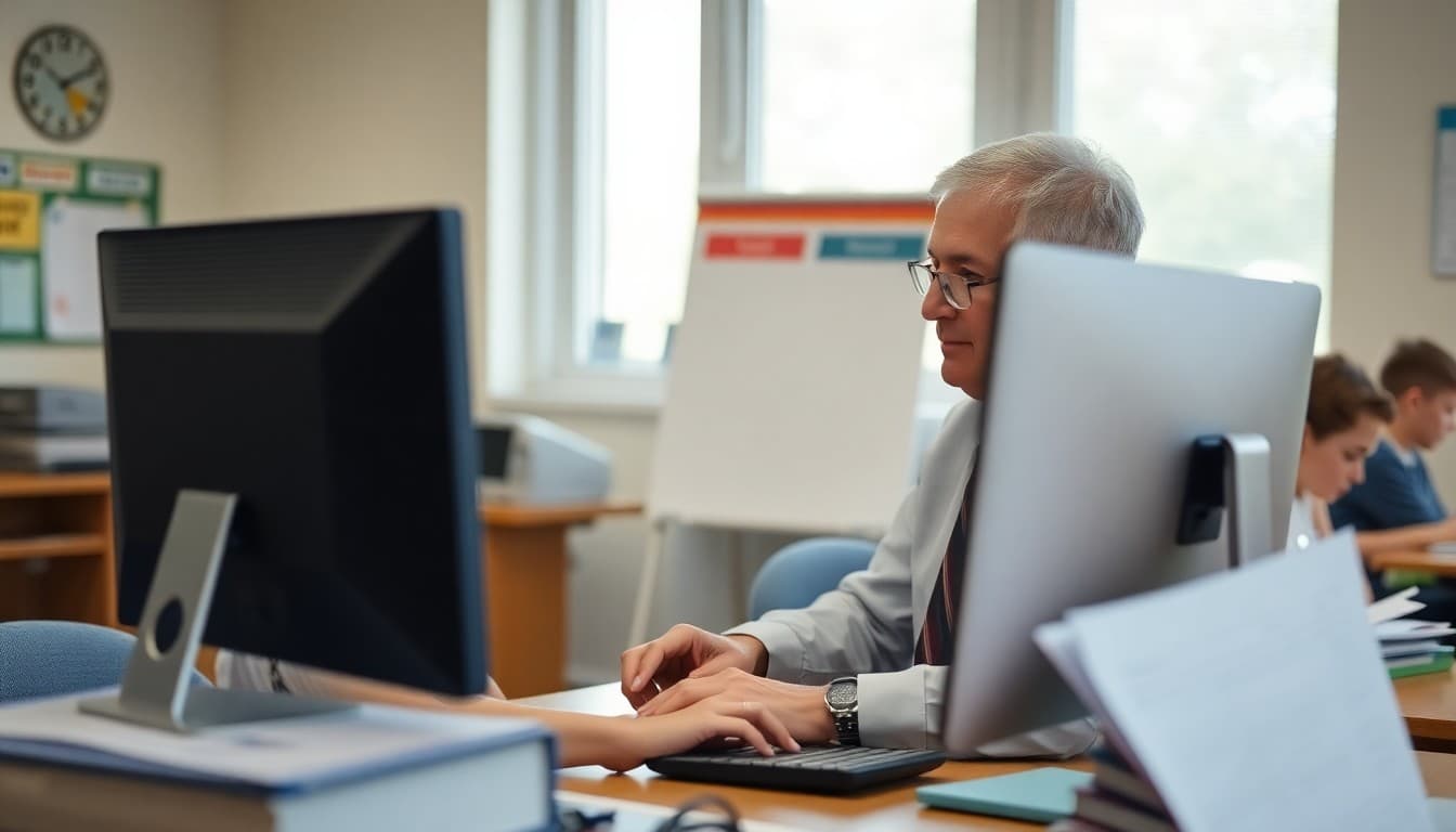 School administrator reviewing substitute teacher scheduling on a computer in the main office