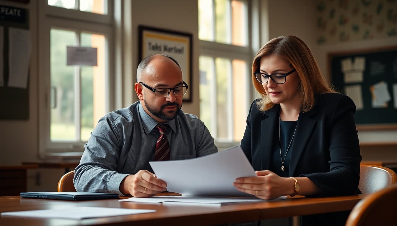 School principal and HR administrator reviewing documentation in a confidential meeting