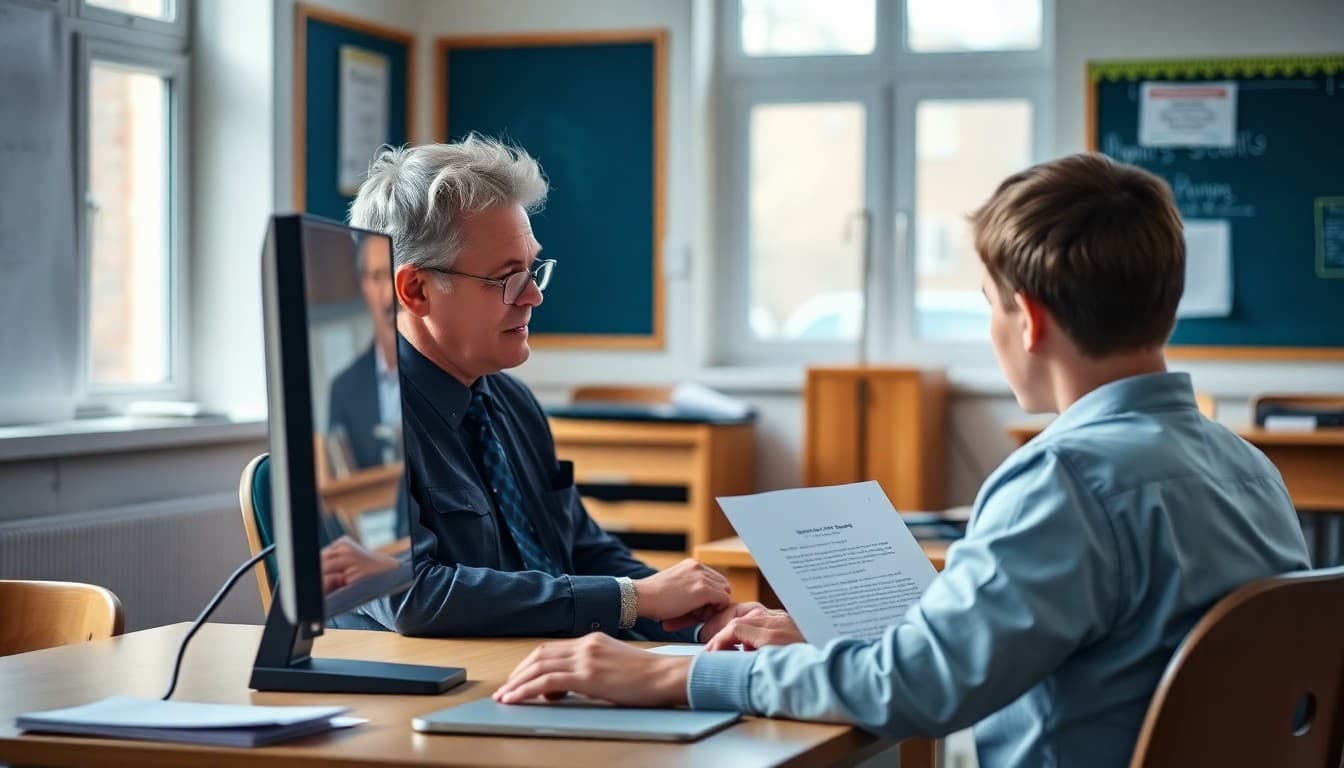 School principal sitting at a desk reviewing a draft parent letter on a computer screen