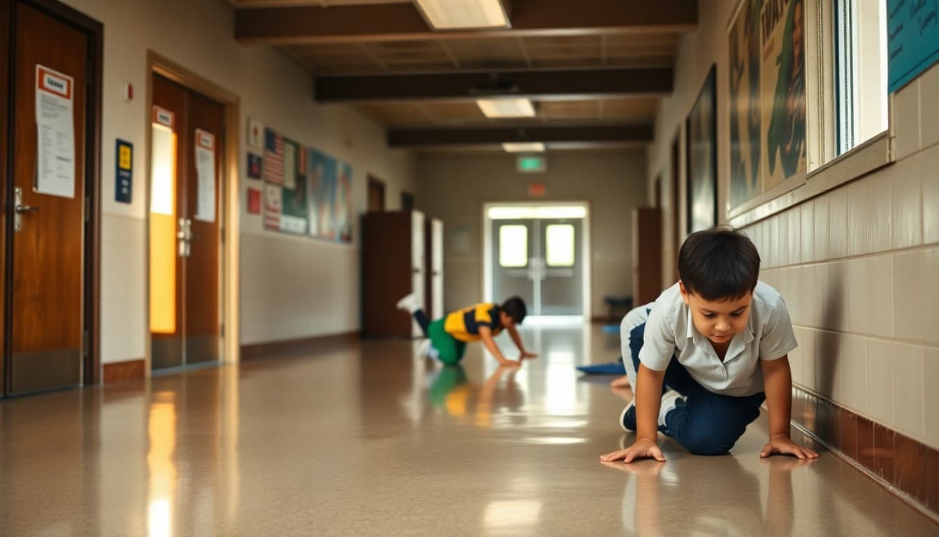 School students practicing tornado drill in interior hallway drop and cover position