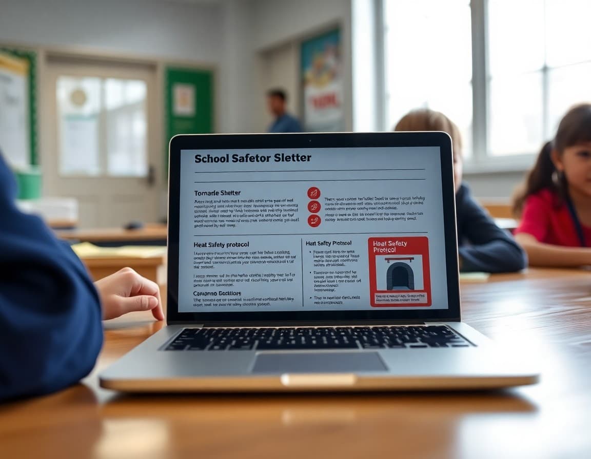 School safety newsletter template on a laptop showing Texas tornado shelter procedures and heat safety protocol sections