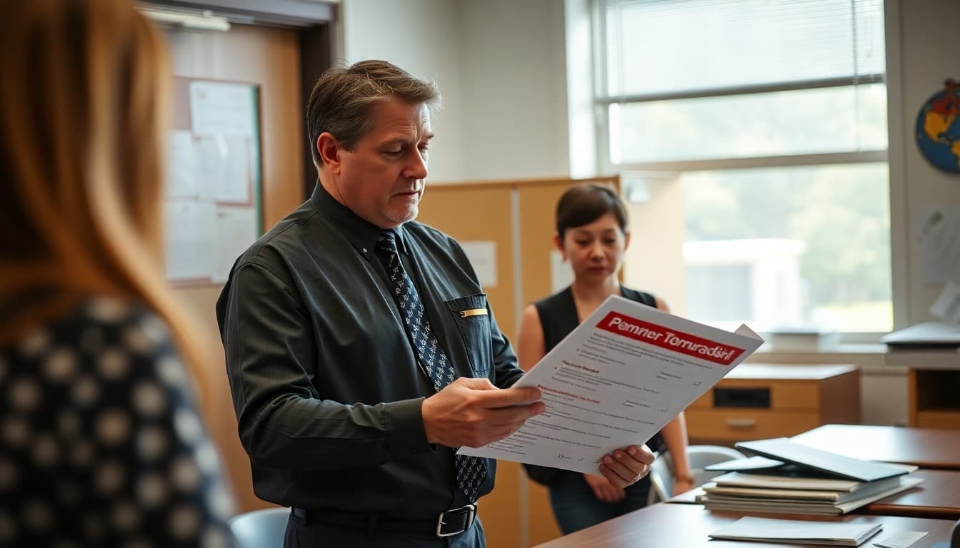 Texas school principal reviewing tornado drill and summer heat safety communication materials at a school office