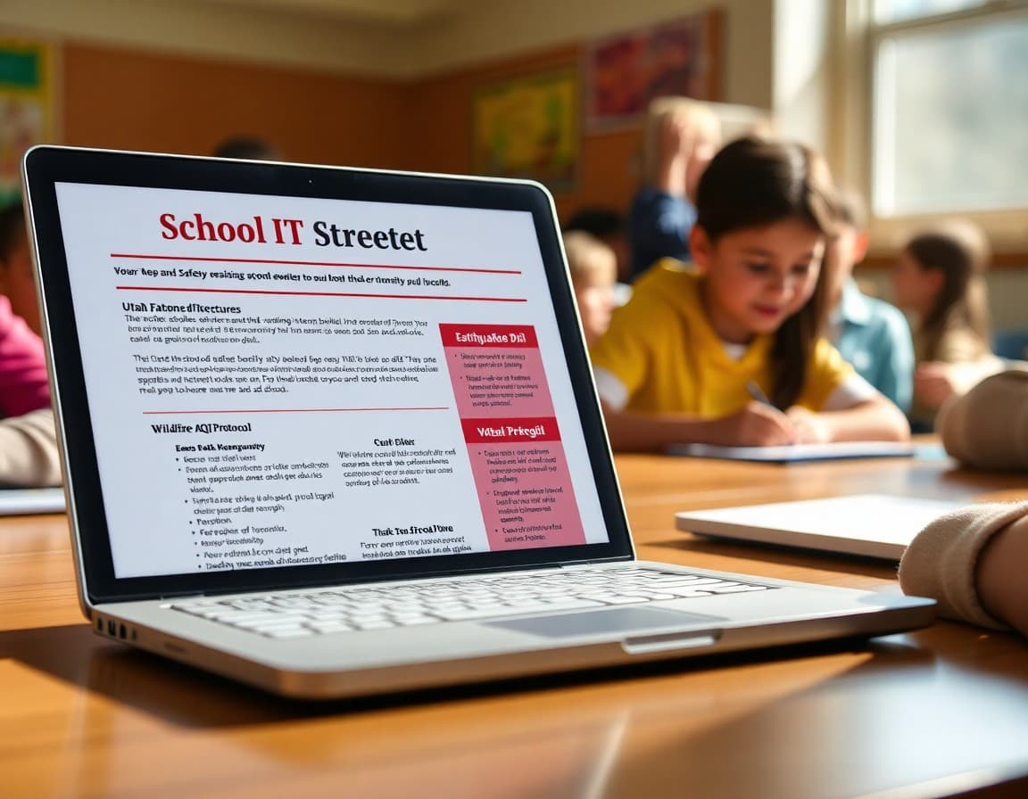 School safety newsletter template on a laptop showing Utah earthquake drill procedures and wildfire AQI protocol sections