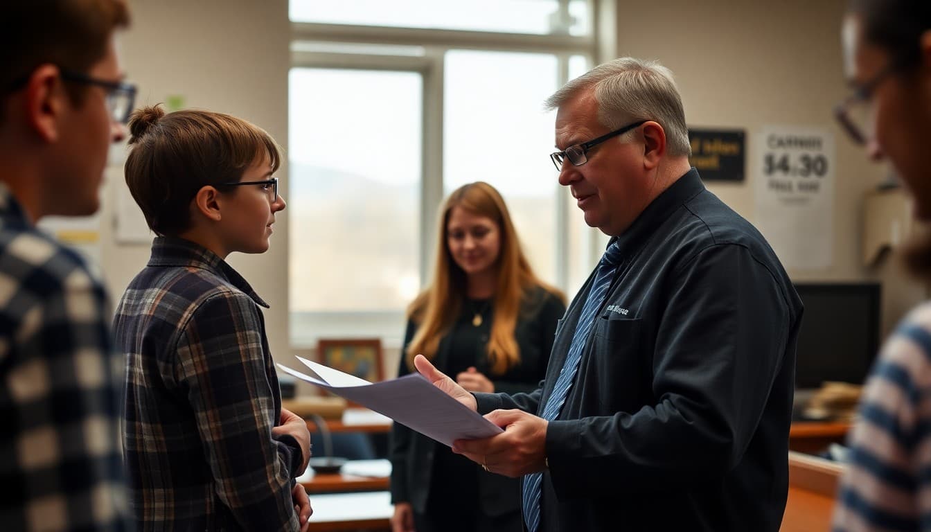 Utah school principal reviewing earthquake drill and wildfire safety communication plans at a school office