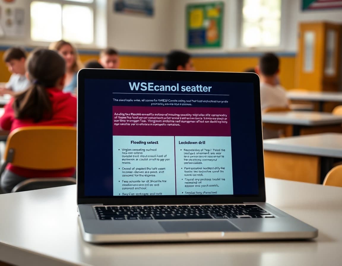 School safety newsletter template on a laptop showing Virginia flooding protocol and lockdown drill notification sections