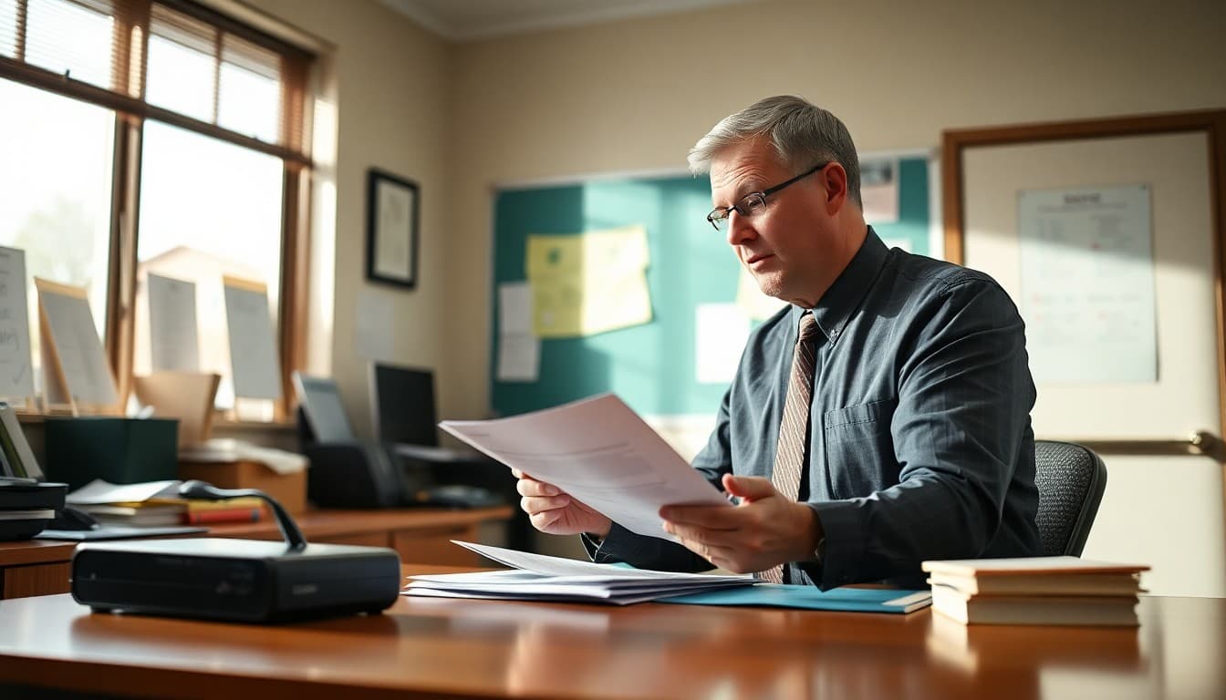 Virginia school principal reviewing flooding and storm safety communication plans at a school office desk