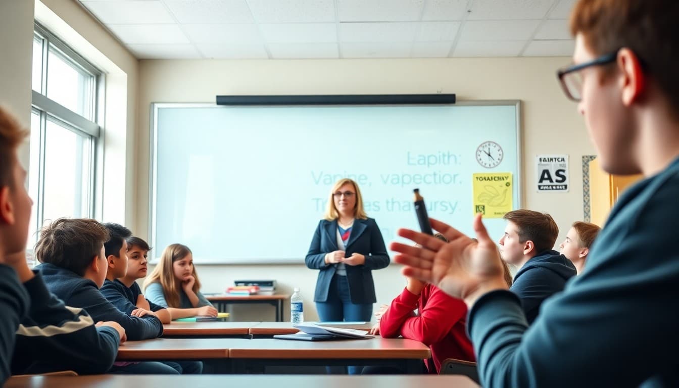 School health educator presenting vaping dangers to a group of middle school students