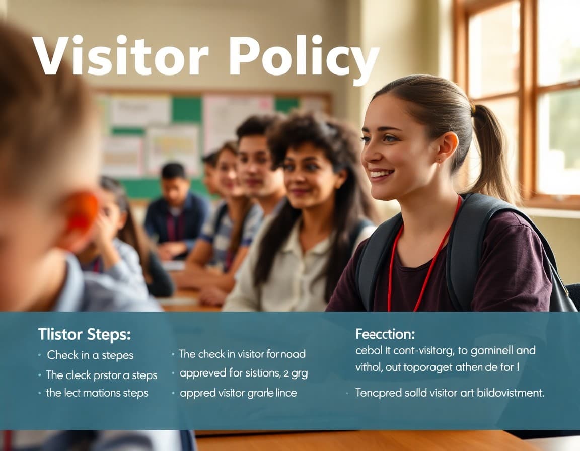 Visitor policy newsletter template showing check-in steps and approved visitor guidelines