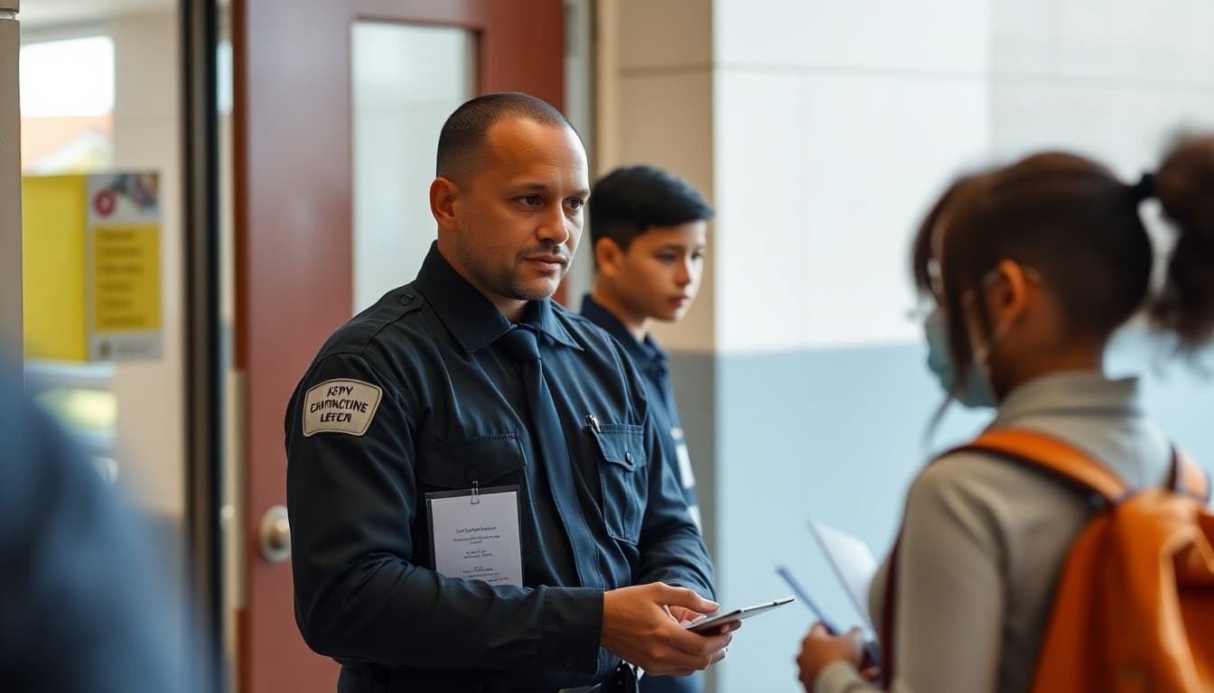 School security officer checking visitor identification at a controlled front entrance