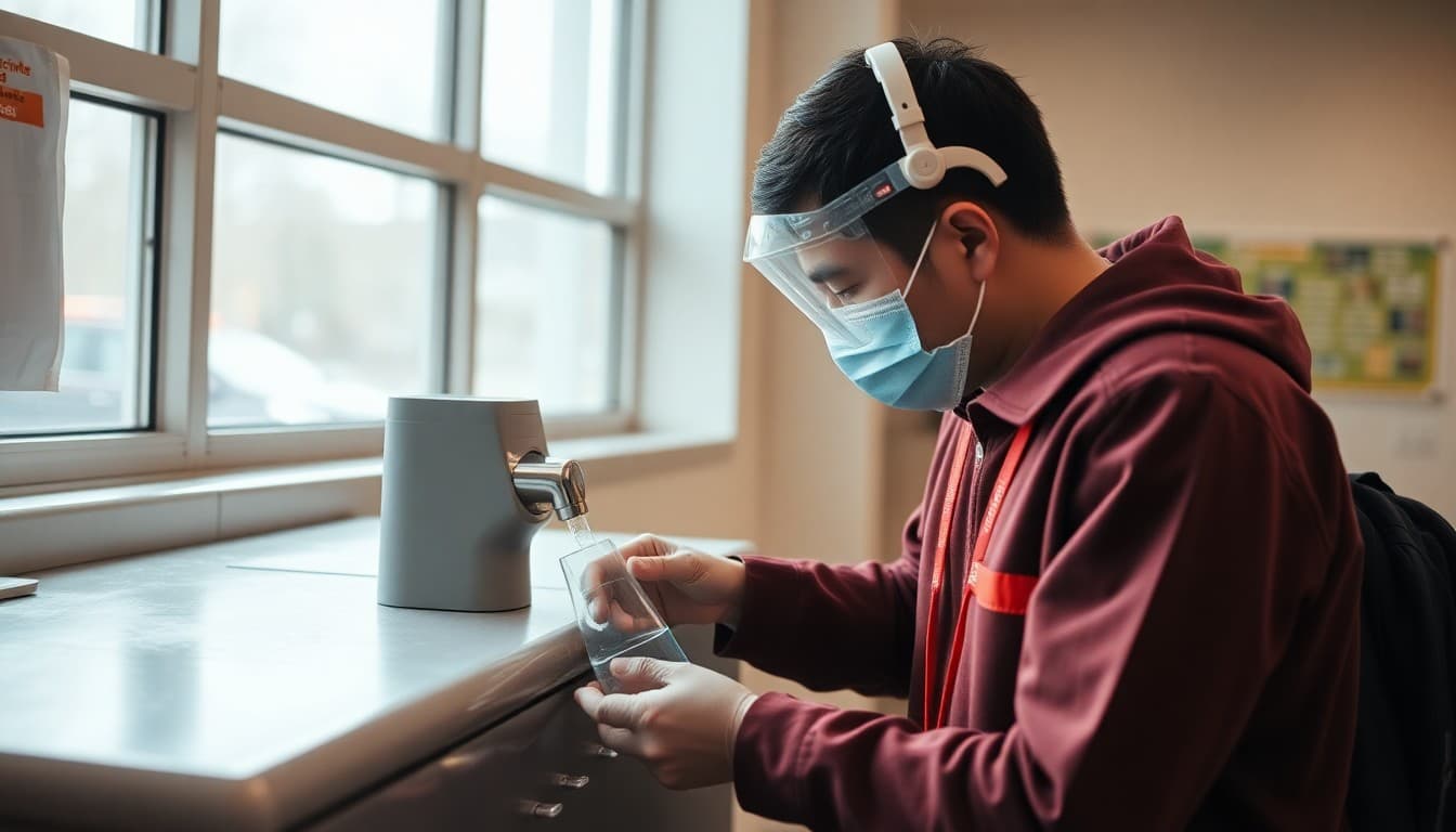 Technician testing water from a school drinking fountain with testing equipment
