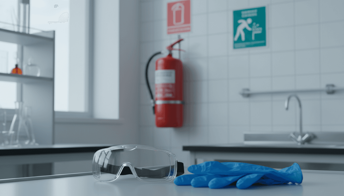 High school students wearing safety goggles and lab aprons while a teacher demonstrates proper Bunsen burner technique
