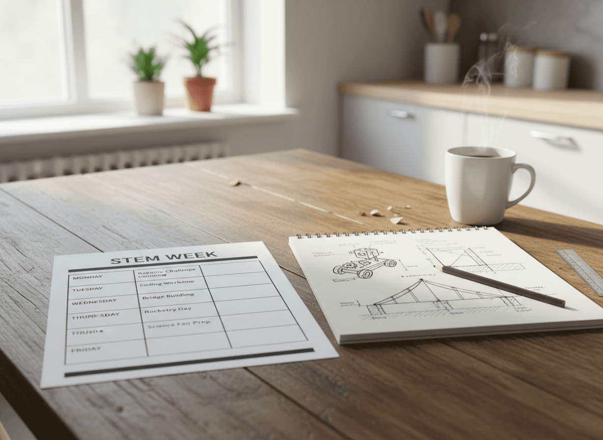 A printed STEM Week schedule on a kitchen table next to a notebook with engineering sketches