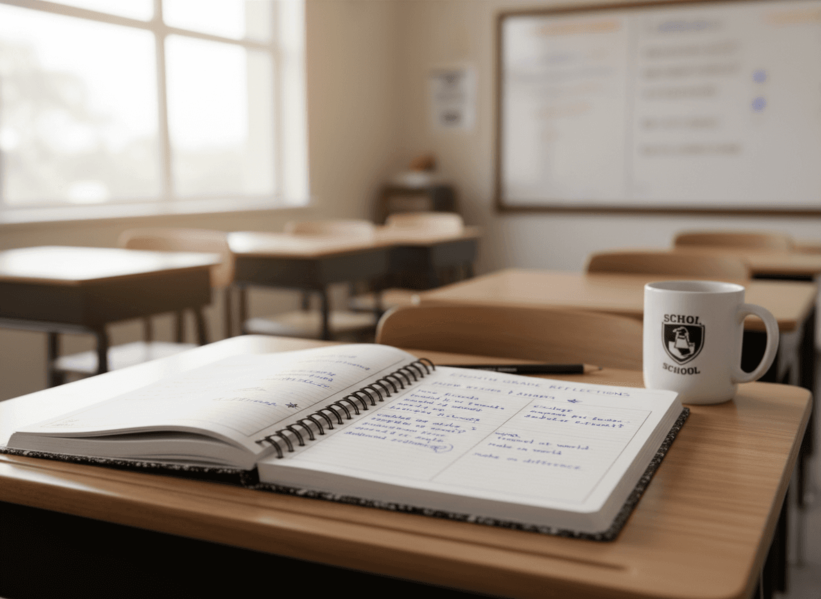 An eighth grade journal page open on a desk with handwritten reflections about high school and future plans