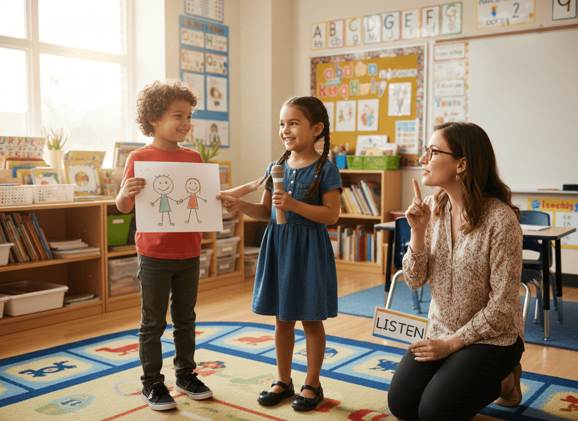 Two first grade students practicing a friendship play with a teacher watching and offering one quiet prompt
